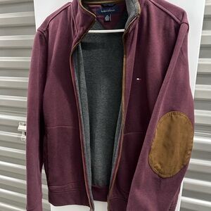Tommy Hilfiger Men's Maroon Sweater with Tan Elbow Patches
